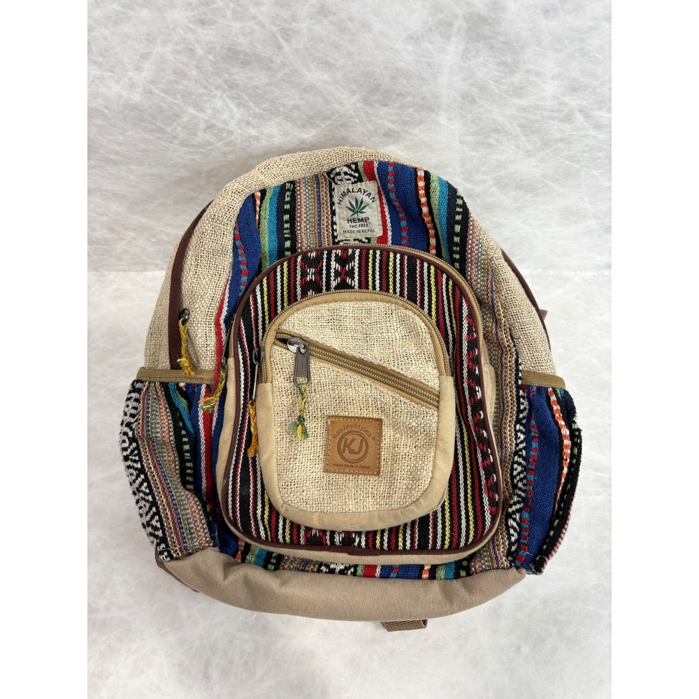 KayJayStyles Himalayan Hemp Backpack Handmade Nepal Boho Woven Multi-Color Small